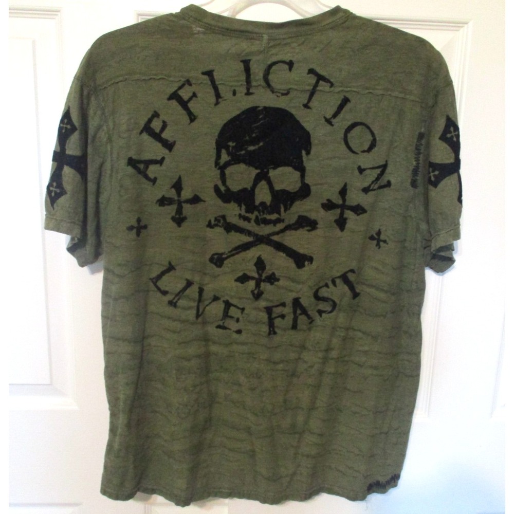 Affliction Live Fast Henley Shirt Embroidered‎ Skull Crossbones Y2K  Mens XL
